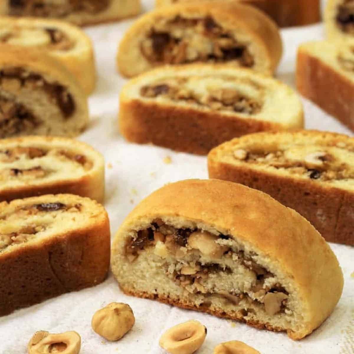 Nut and jam filled rolled cookies.