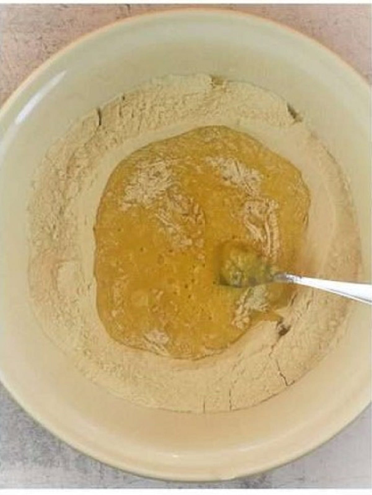 Use a fork to beat together the eggs and milk, gradually incorporating the flour.
