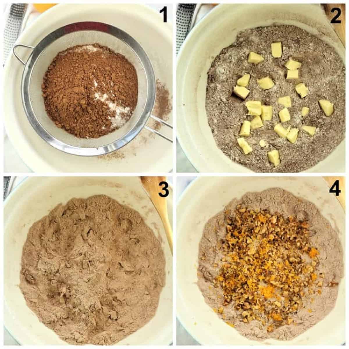 Tetù (Sicilian Chocolate Spice Cookies) Step by step instructions for making tetù cookies in mixing bowl.