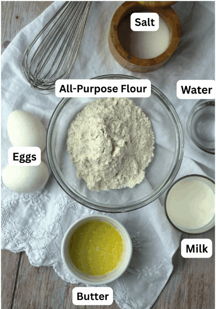 Flour, milk, eggs, water, butter and salt.