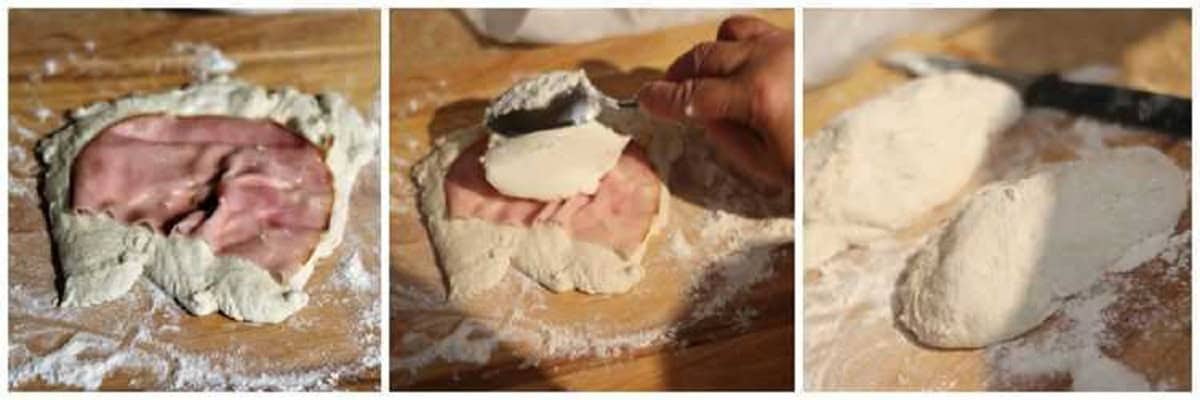 Steps for making stuffed sfinci with ricotta and ham.
