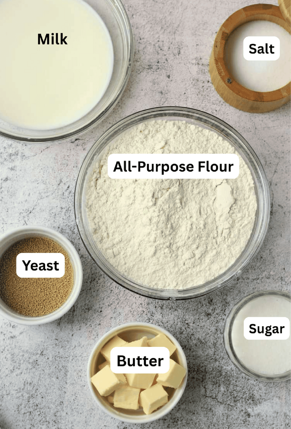 Flour, salt, sugar, butter, yeast and milk for Sicilian iris dough.