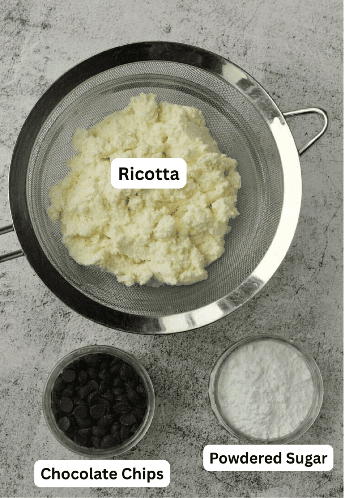 Ricotta, powdered sugar and chocolate chips for iris filling.