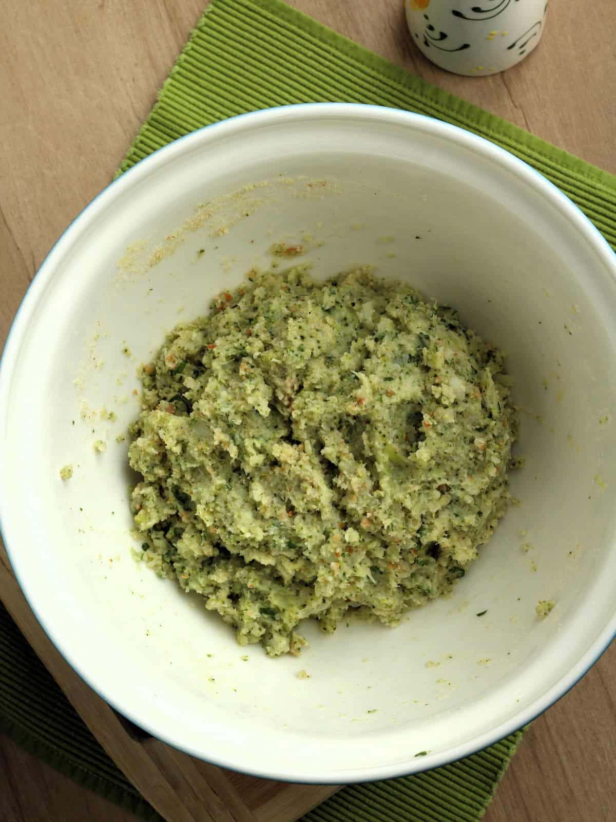 Potato and broccoli patties mixture in large bowl.