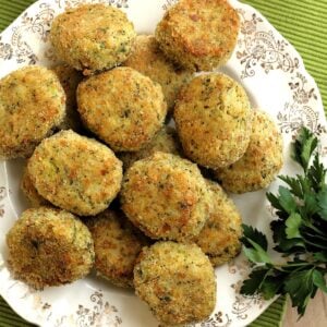 Potato broccoli meatballs on serving plate.