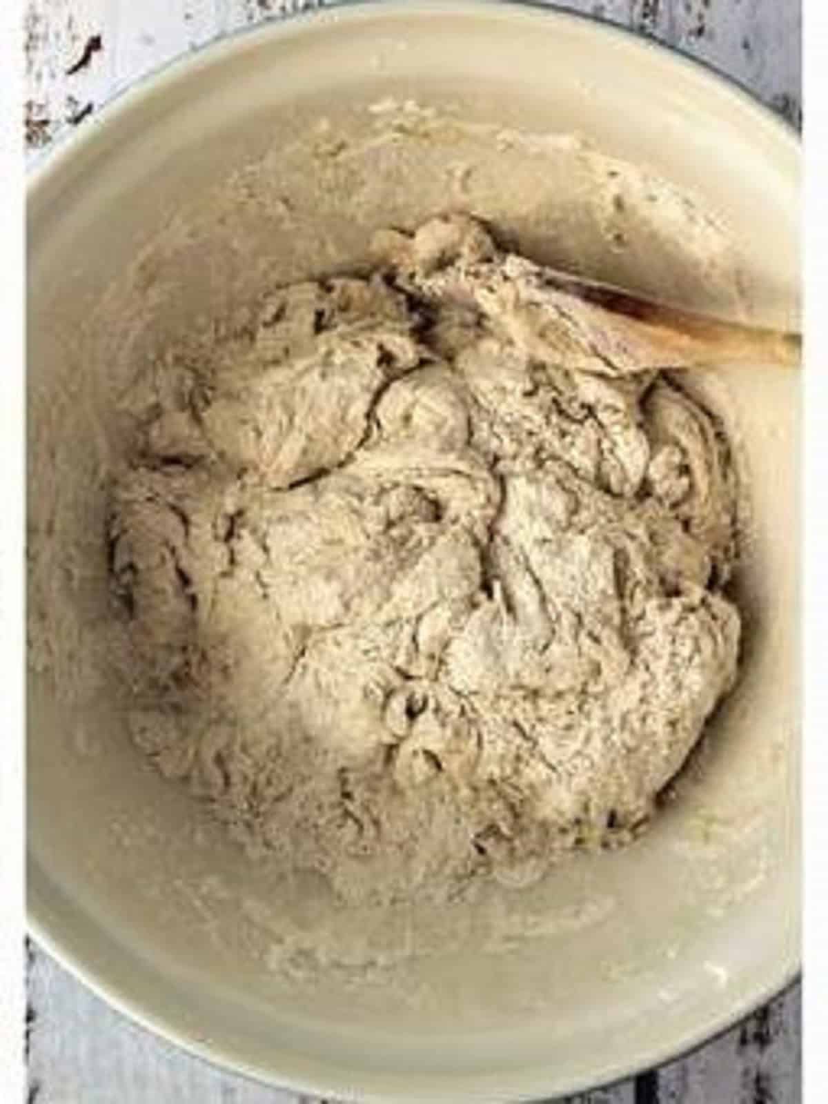 Raggedy sfincione dough stirred in large bowl.