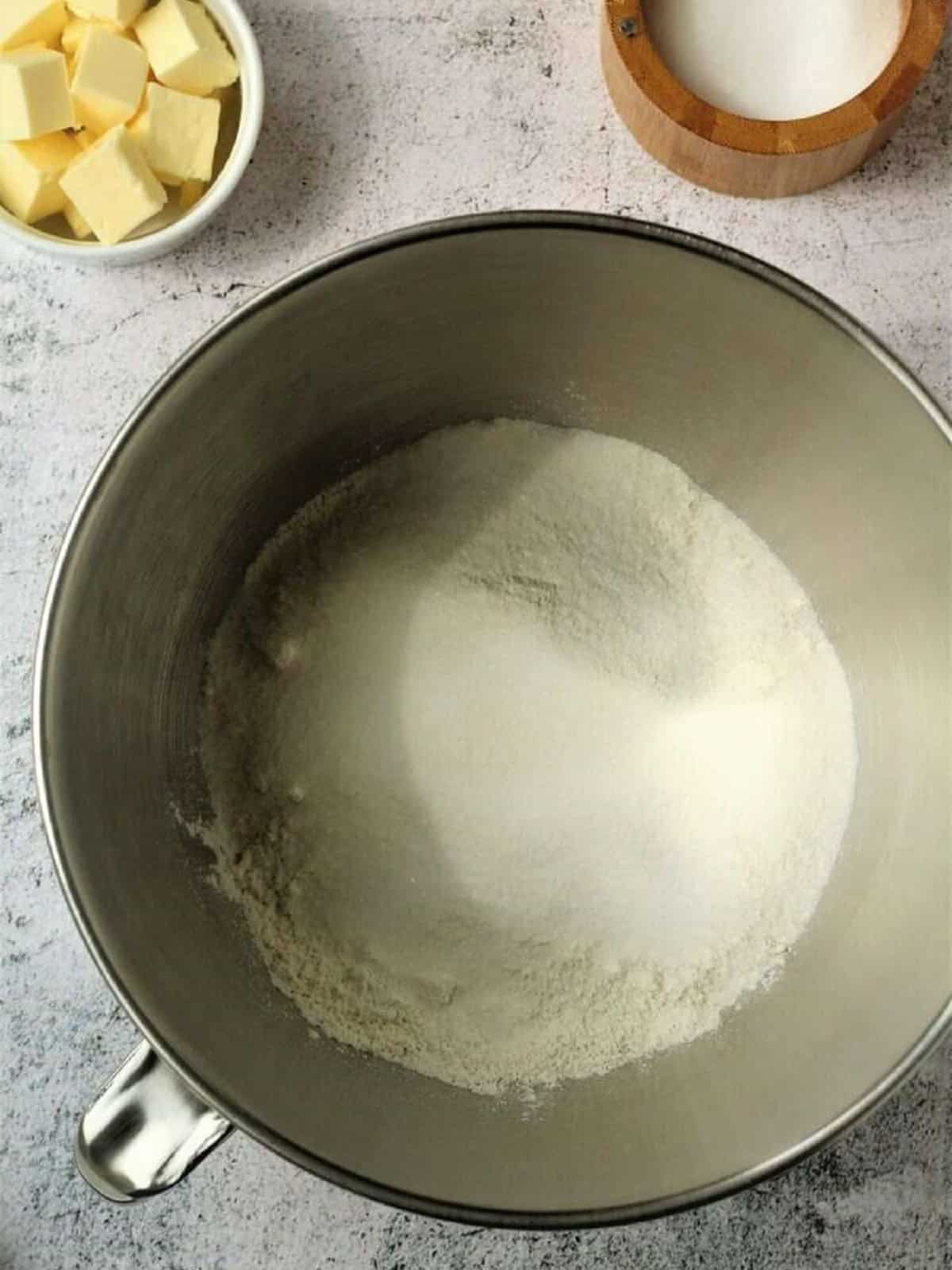 Dry ingredients for iris dough in stand mixer bowl.
