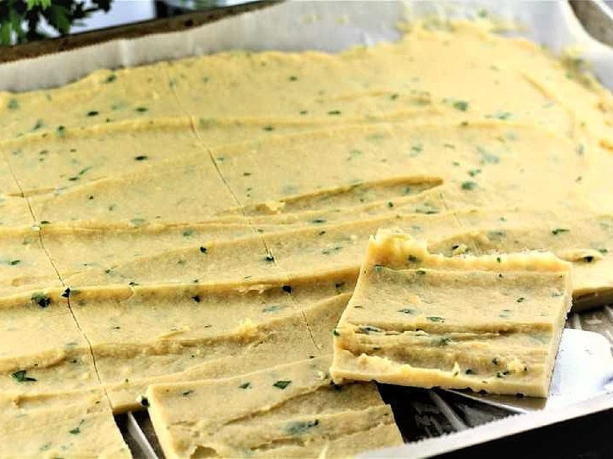 Cooled panelle batter cut into squares.