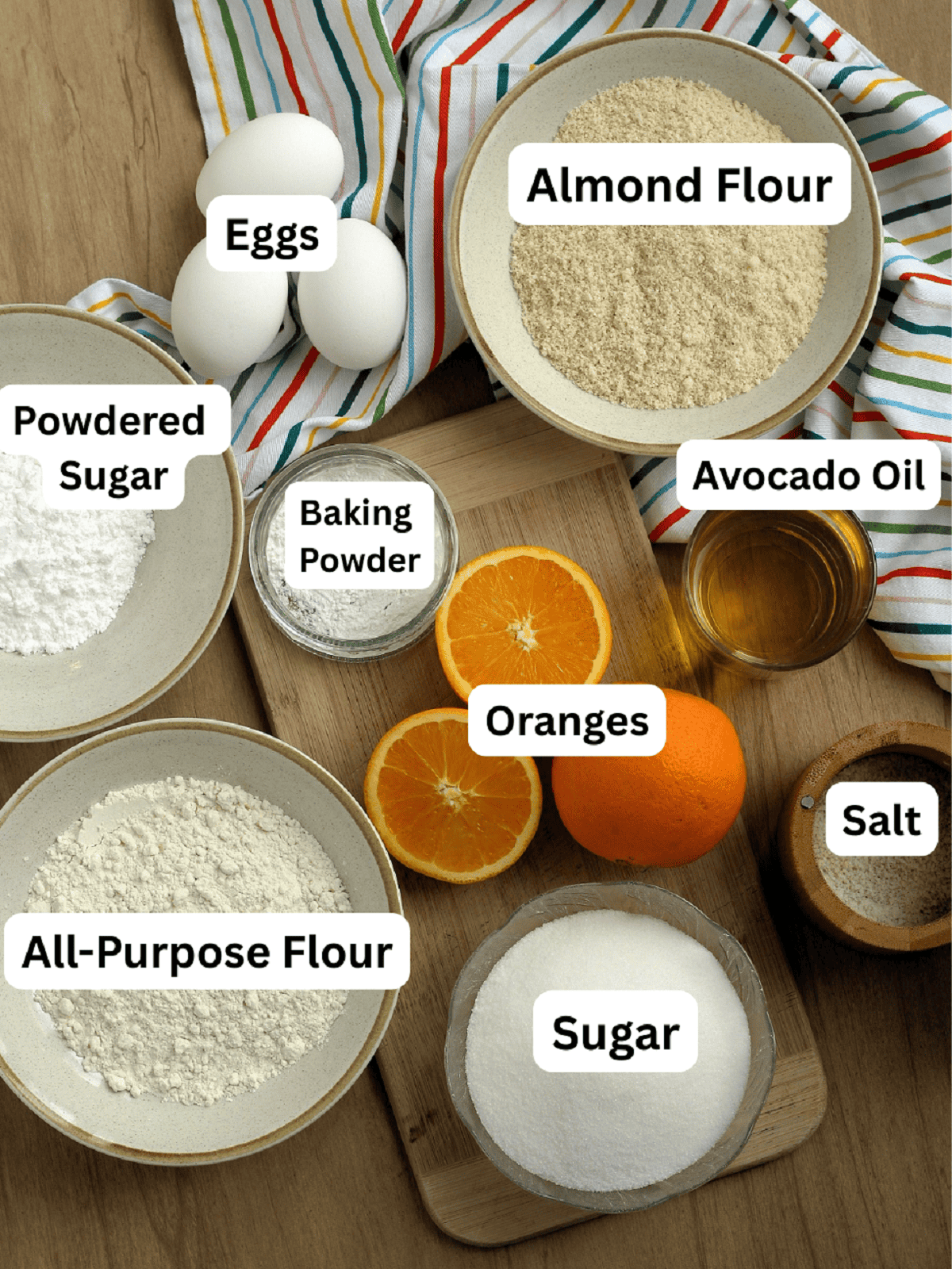 Almond flour, oil, salt, sugar, oranges, flour, baking powder, powdered sugar and eggs for whole orange cake.