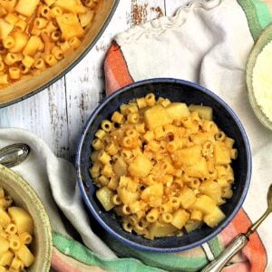 Bowl of pasta and potatoes soup.