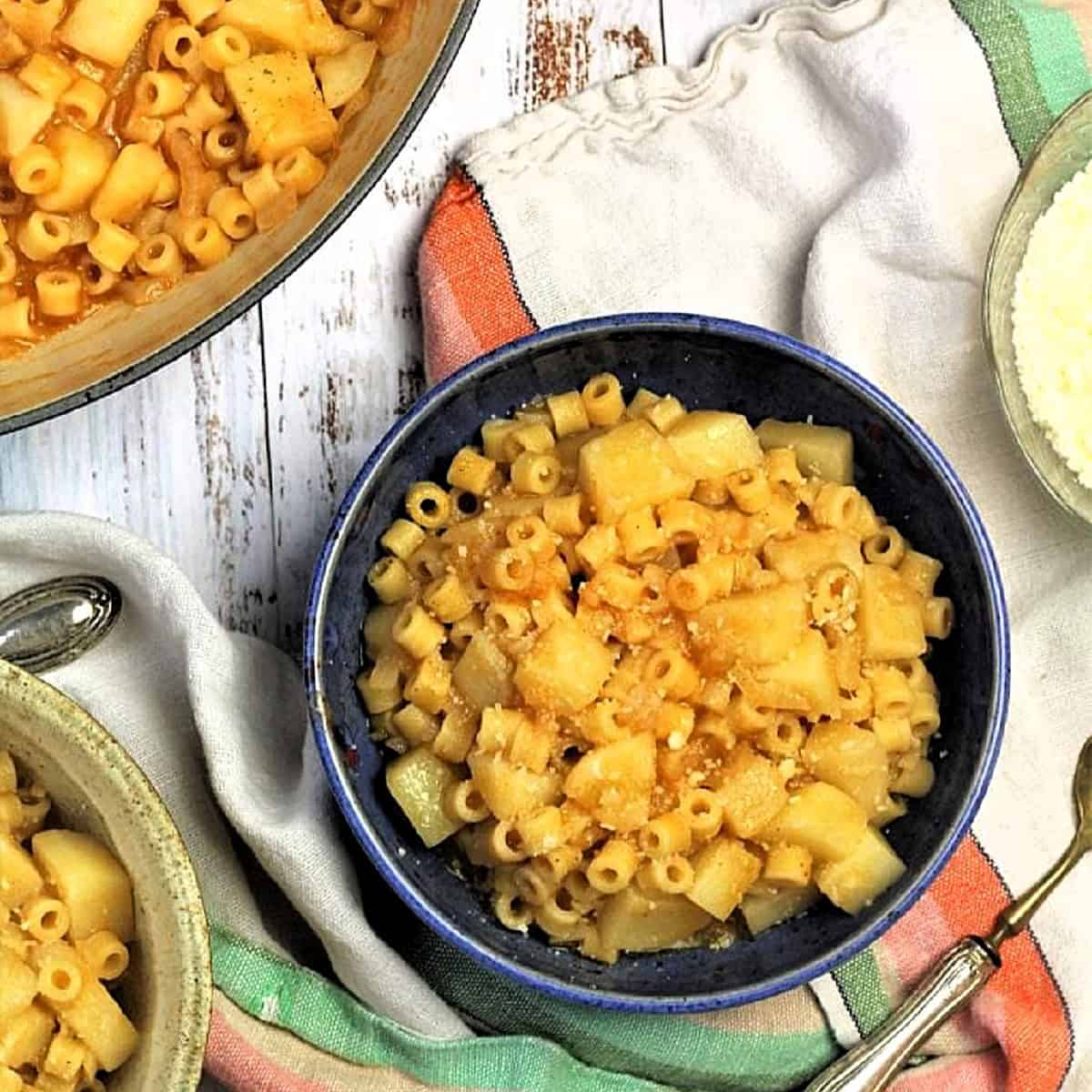 Bowl of pasta and potatoes soup.