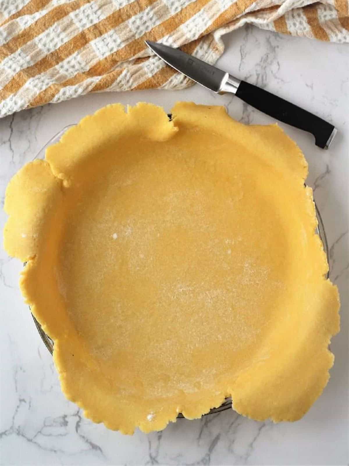 Ricotta pie dough on pie plate with sides hanging over.