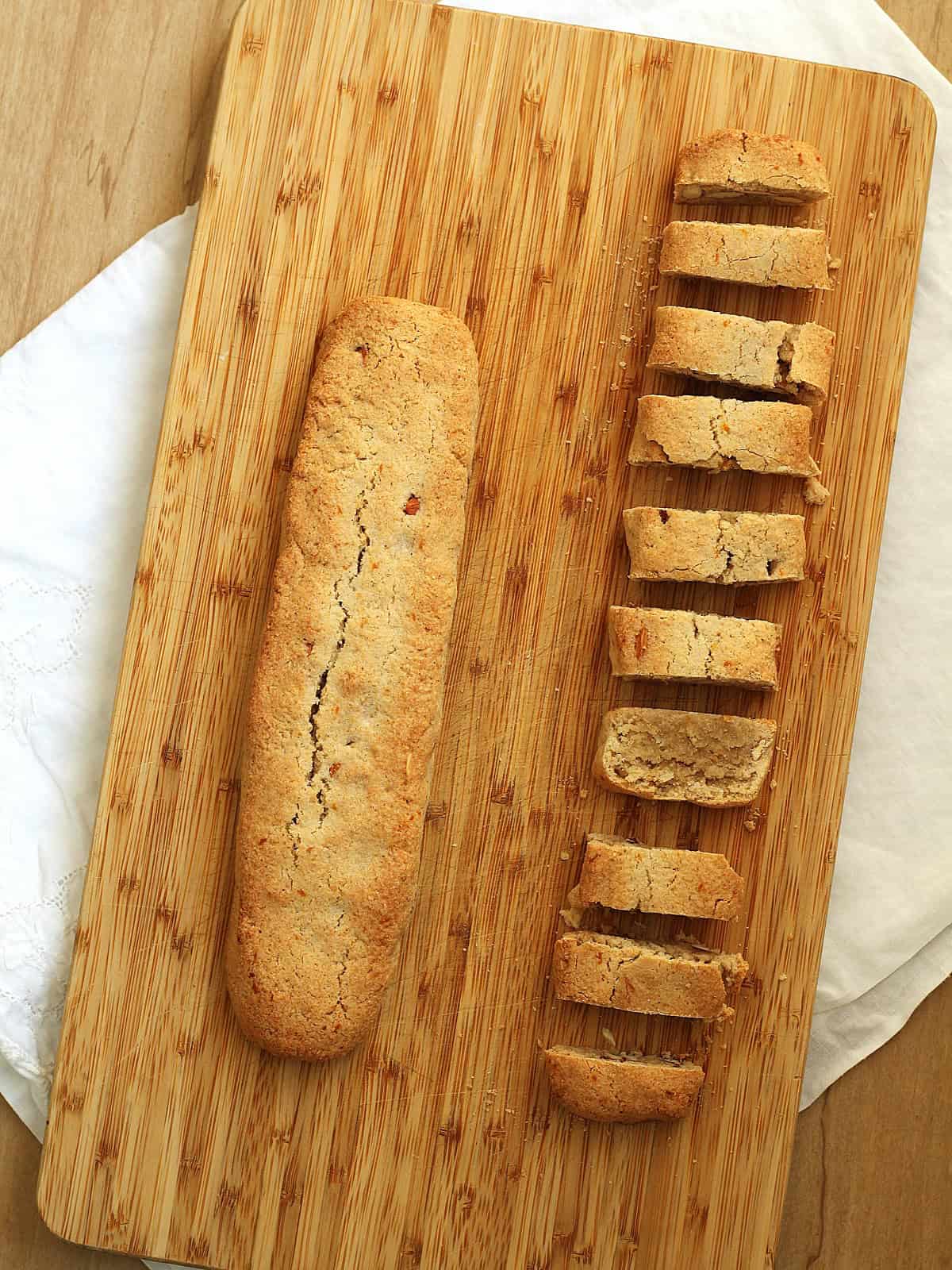 Sicilian lenten cookie loaves with almonds cut into indiviudual biscotti.
