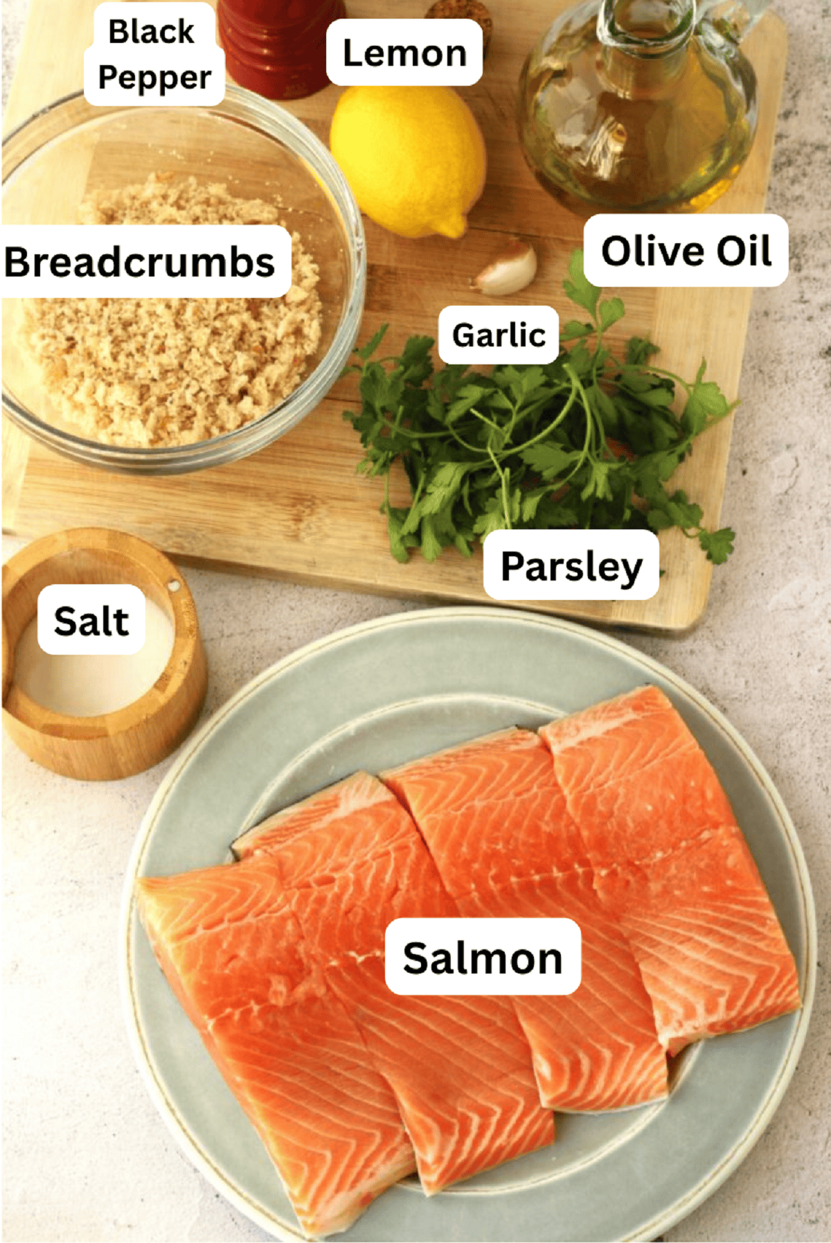 Salmond fillets, breadcrumbs, parsley, lemon, garlic, olive oil, salt and pepper.