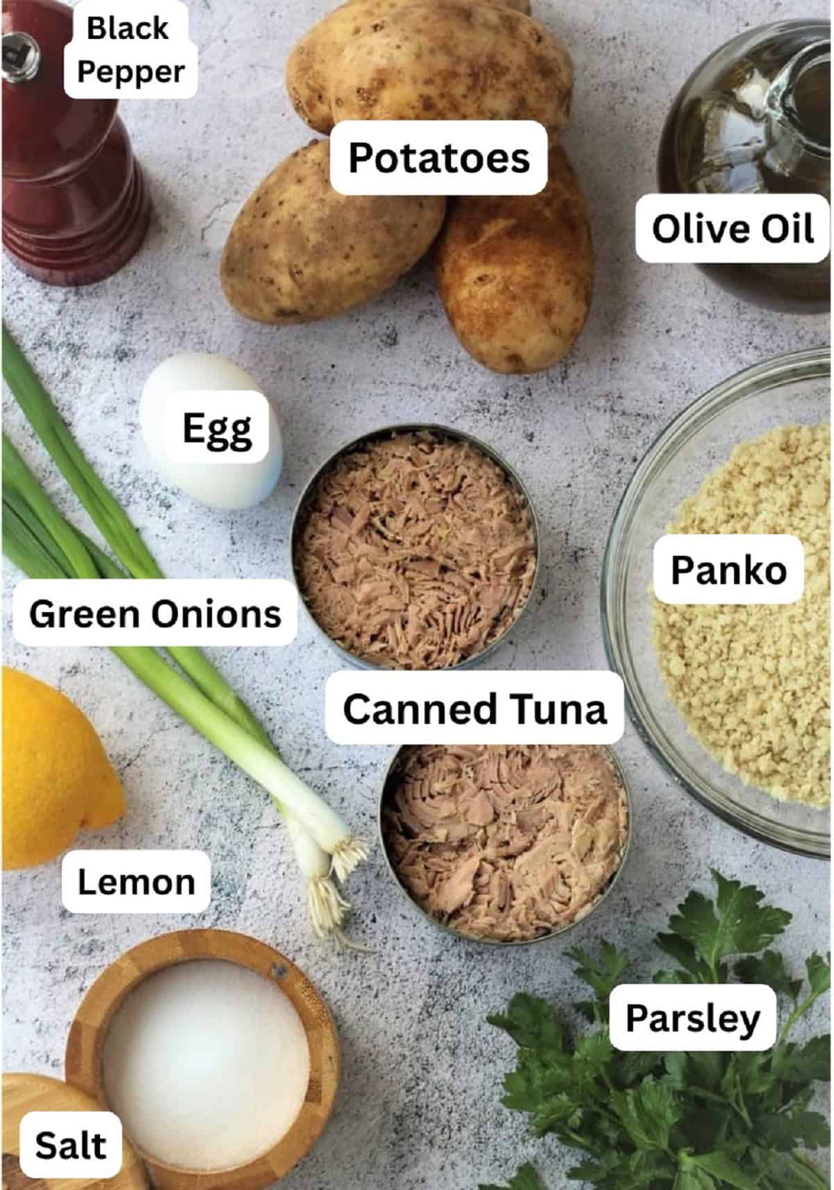 Ingredients for tuna potato patties with garlic aioli sauce.