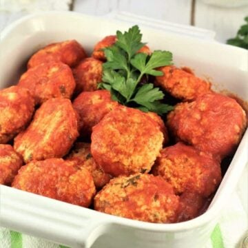Italian bread meatballs in tomato sauce.