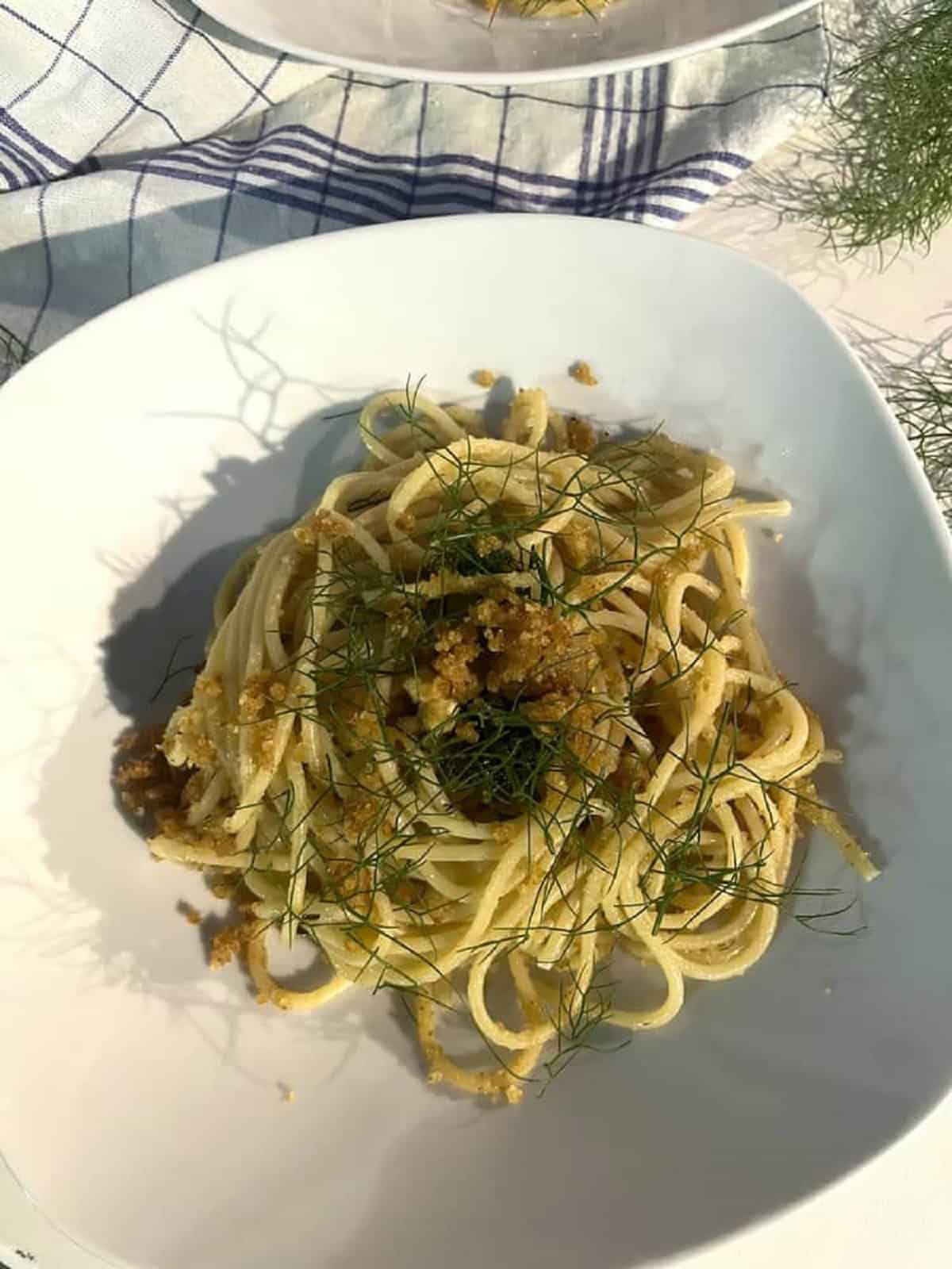 Sicilian pasta with wild fennel and crispy breadcrumbs.