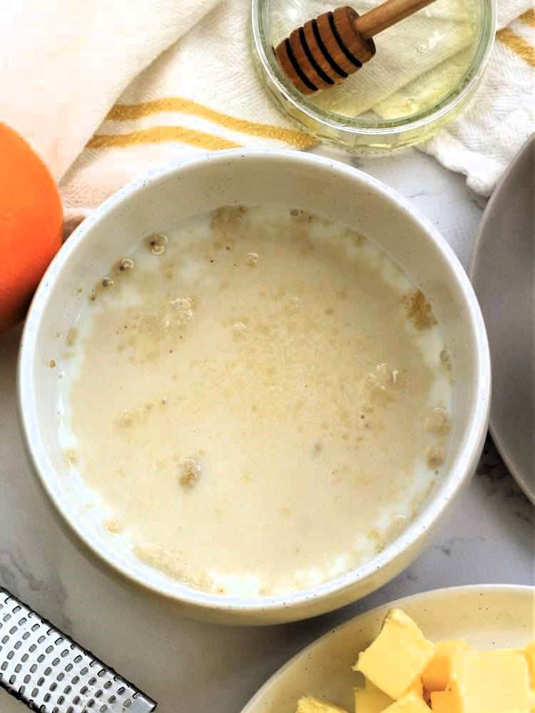 Proofed yeast in bowl for Italian Easter bread recipe.