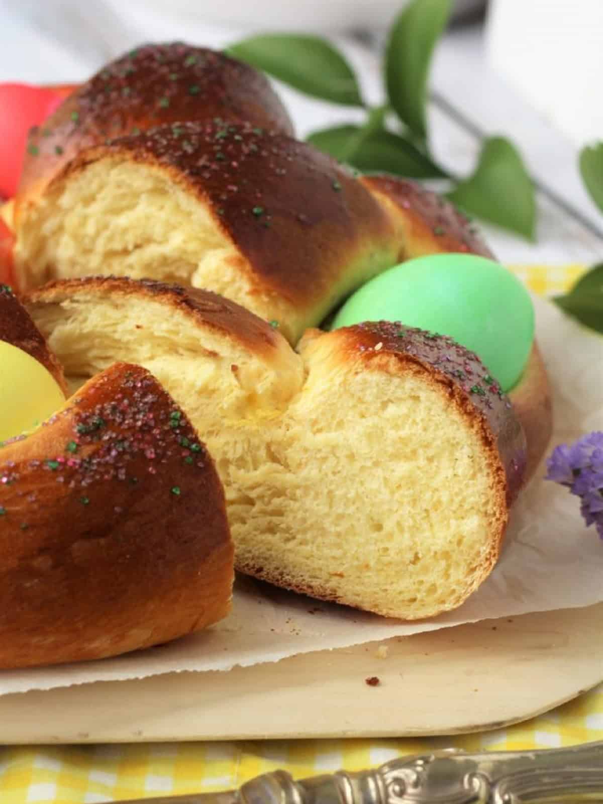 Sliced Italian Easter bread with eggs. 
