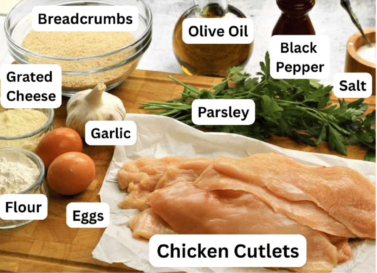 Chicken cutlets, breadcrumbs, cheese, flour, eggs, garlic, parsley, oil, salt and pepper.