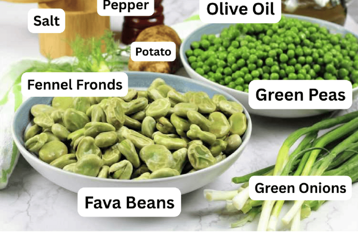 Fava beans, peas, green onions, salt, pepper, oil, fennel fronds, and potato.