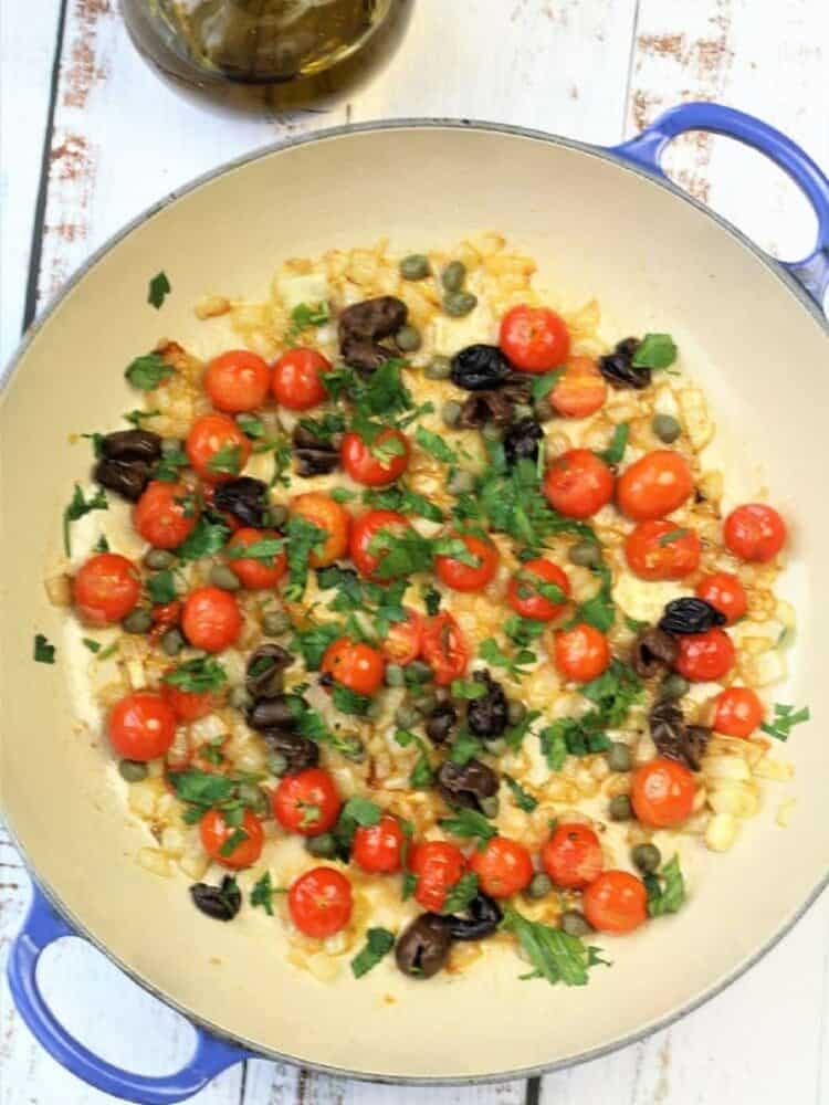 Cherry tomato, olive and caper sauce for swordfish recipe.