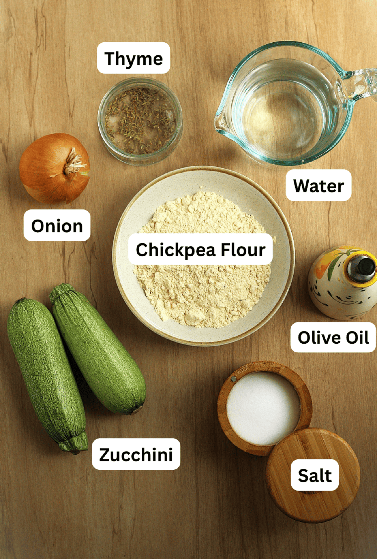 Zucchini, chickpea flour, salt, oil, water, onion and thyme.