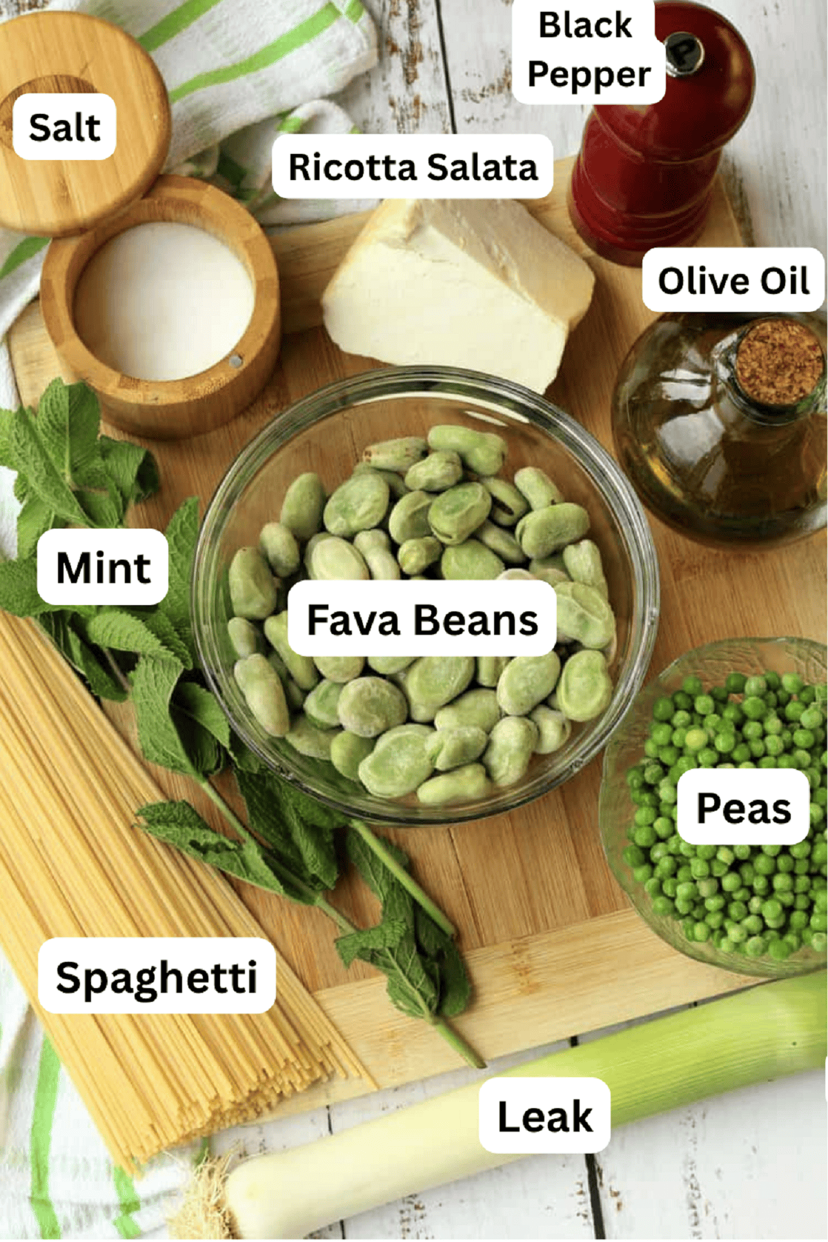 Ingredients for spaghetti with fava beans and peas with leak, mint, salt, pepper, olive oil and ricotta salata.