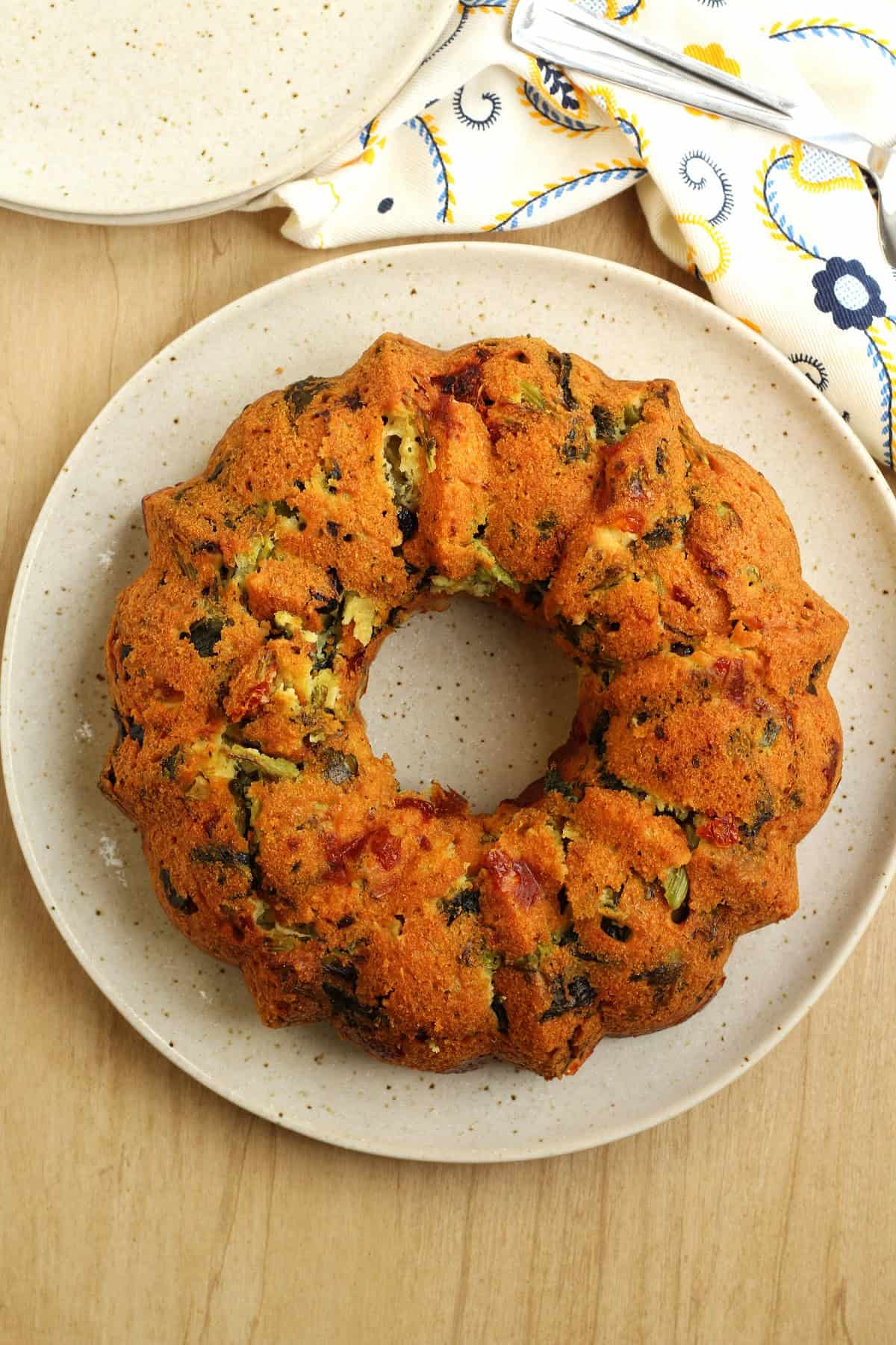 Ciambella salata (savory ring cake) on plate.