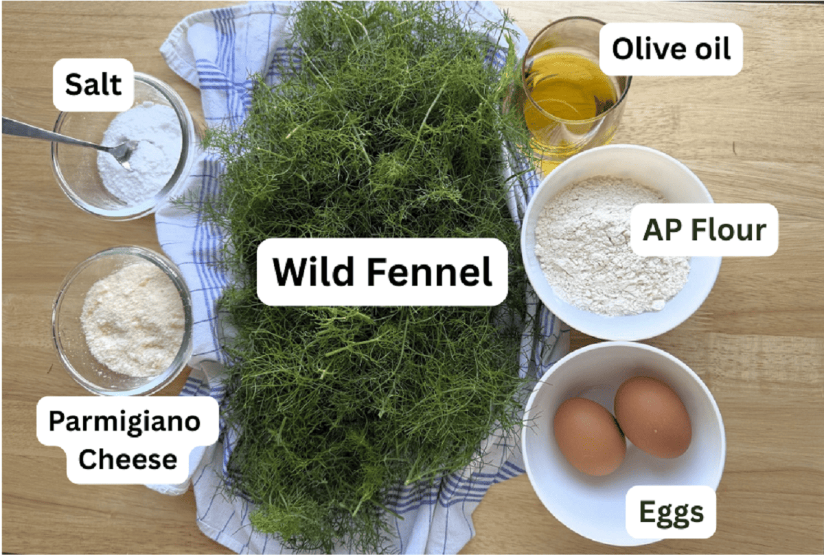 Wild fennel, oil, flour, eggs, Parmigiano cheese and salt for fritters recipe.