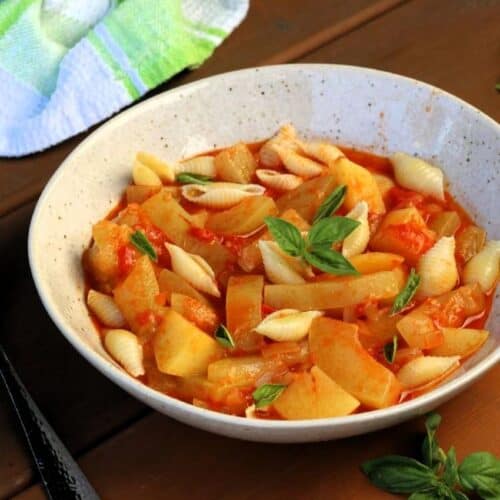 Sicilian past with cucuzza in bowl.