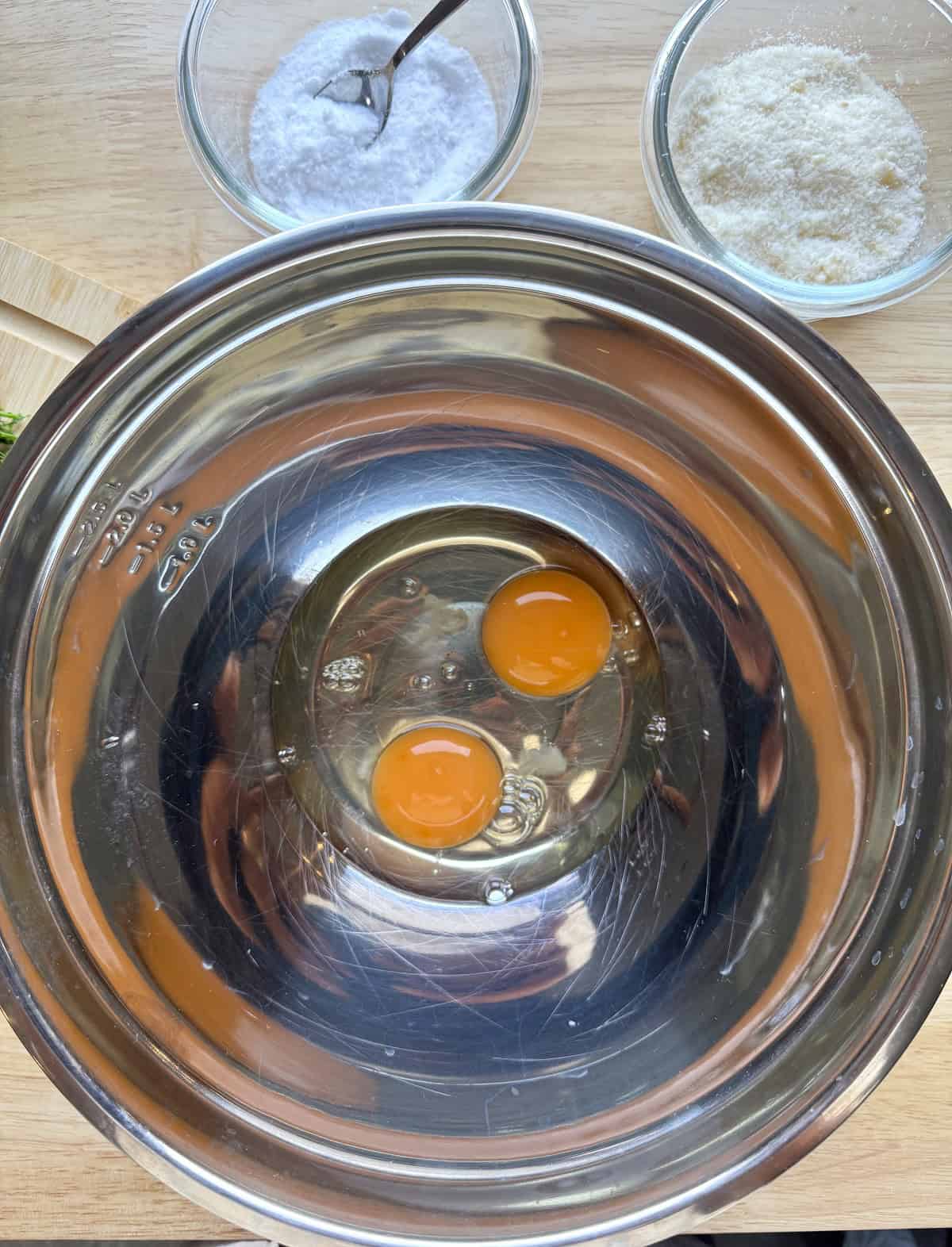Eggs in large bowl for wild fennel fritters recipe.