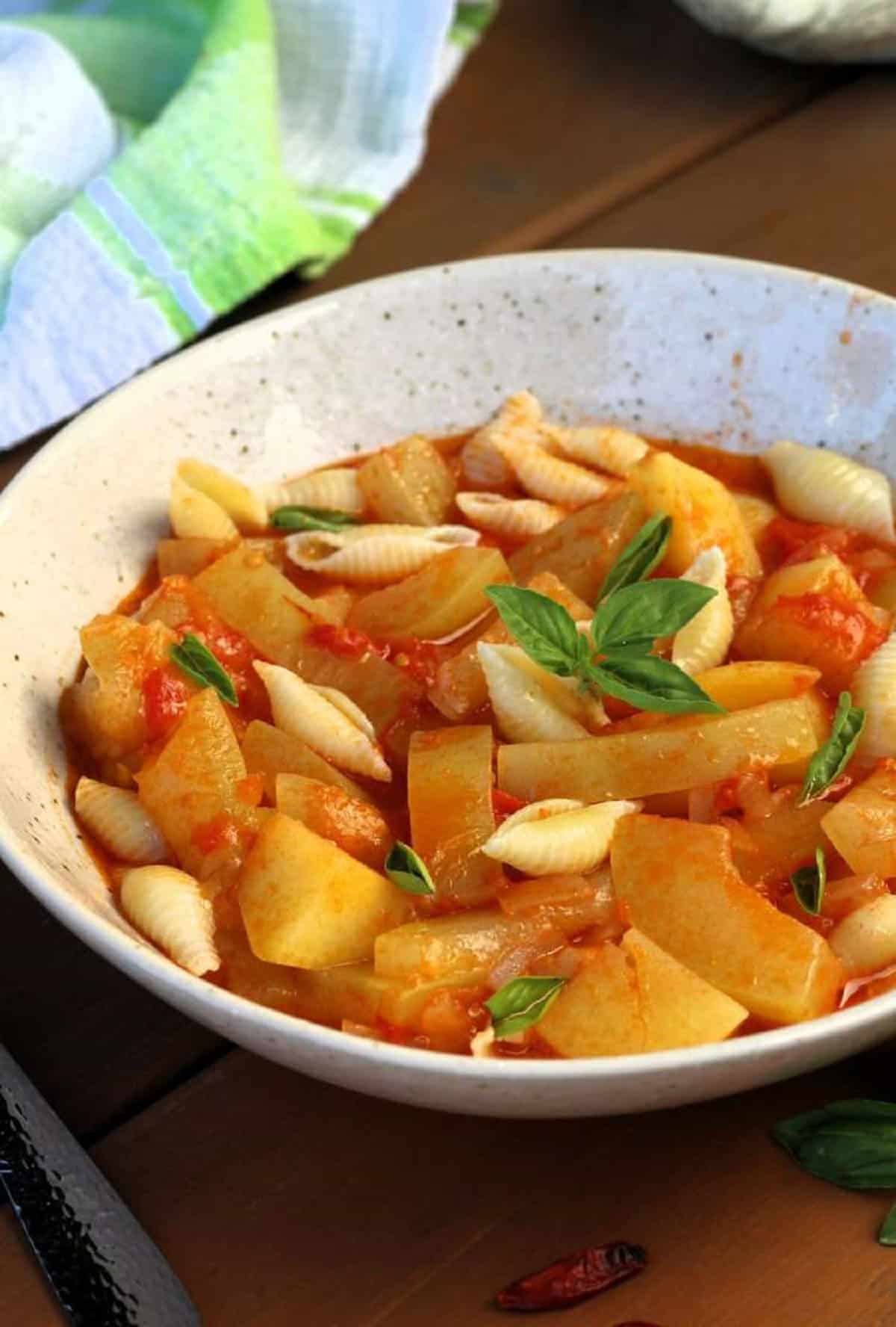 Sicilian cucuzza with pasta in bowl.