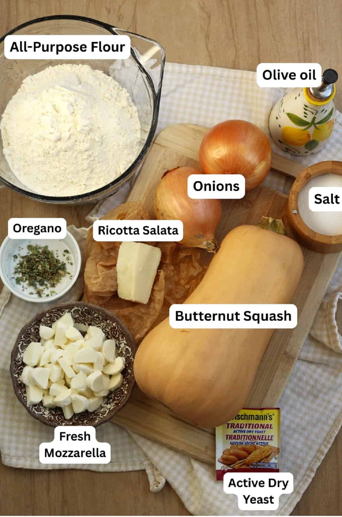 Butternut squash, cheese, flour, yeast, salt, onion, and yeast.