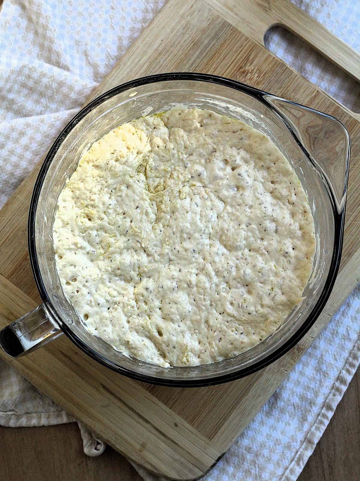 Bubbly no knead dough after 6 hour rising.